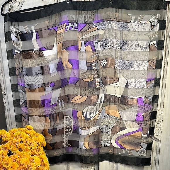 Picasso Abstract Patterned Scarf in Purple and Black Sheer and Opaque - Picture 1 of 5